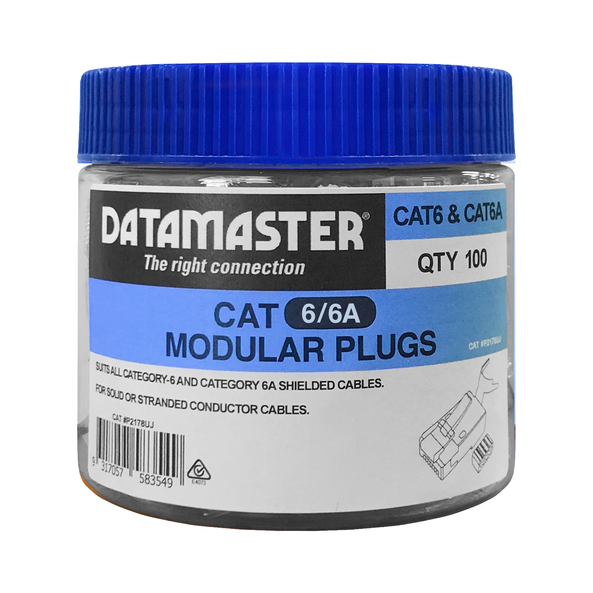 The Datamaster jar containing 50 of the 2-piece shielded Cat6/6a plugs.