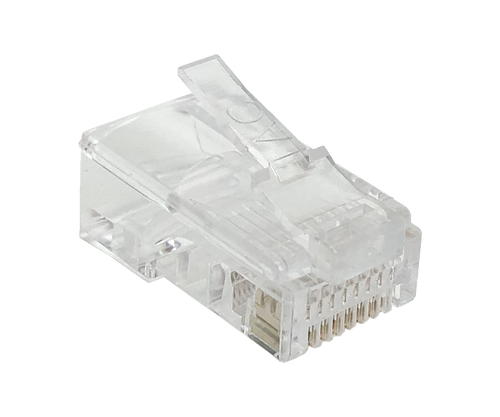 A detailed side profile of a single transparent universal Cat5e RJ45 modular plug.