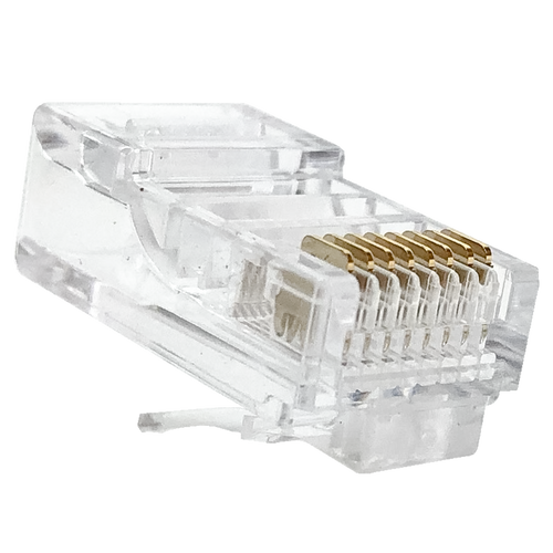 A view of the underside of a universal Cat5e RJ45 plug, highlighting the thick gold-plated contacts.