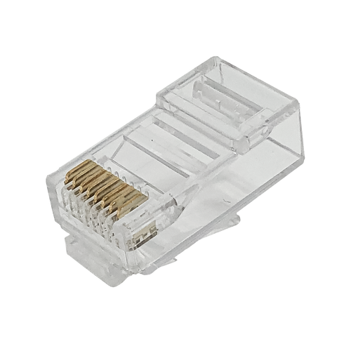 An angled close-up view of the 2-piece Cat6 RJ45 plug, displaying the gold-plated contacts on the underside.