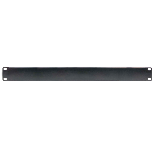 A direct front-on view of the black 2RU blanking panel, showing the mounting screw holes.