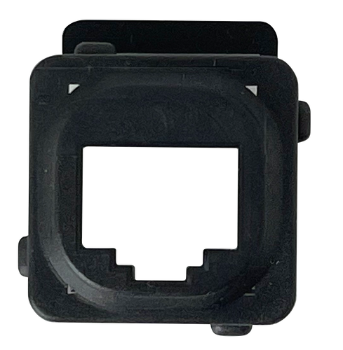 A top-down front view of the black bezel adaptor with a keystone socket visible.