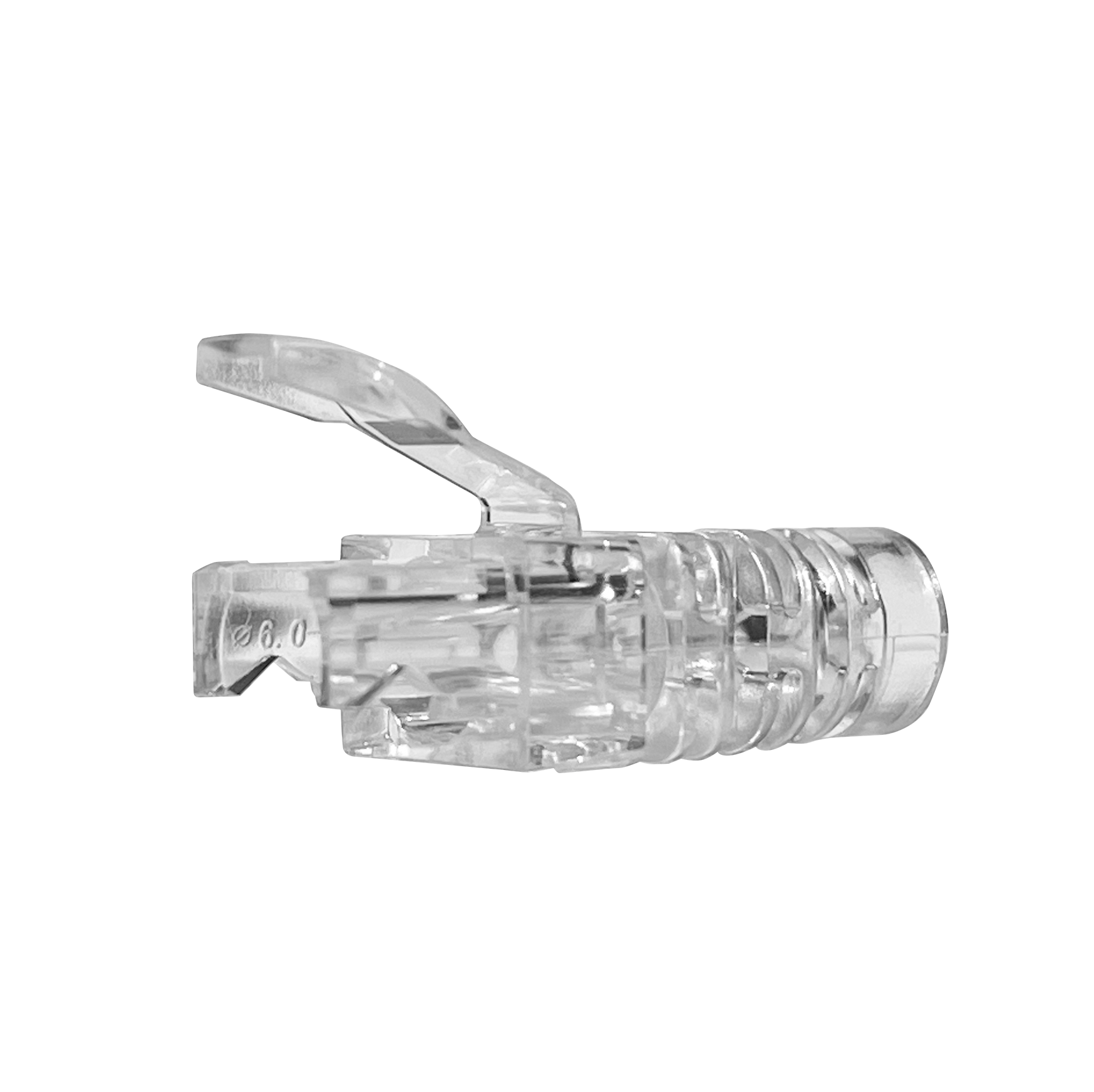 A side view of a transparent RJ45 boot, showing the protected snagless hood over the clip area.