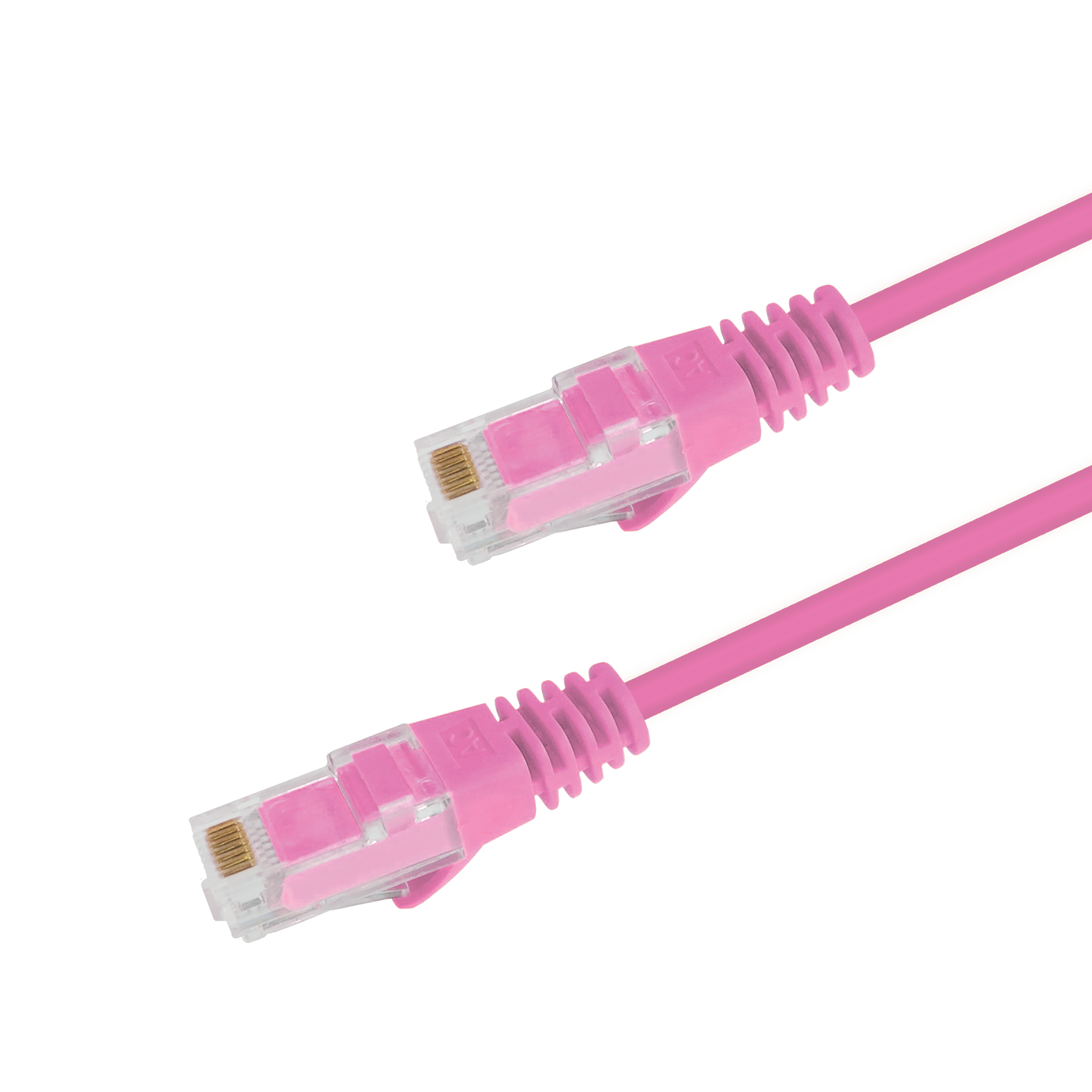 Underside view of the RJ45 connector on a 0.5m Pink slim Cat6 cable, showing the flexible, protected locking tab.