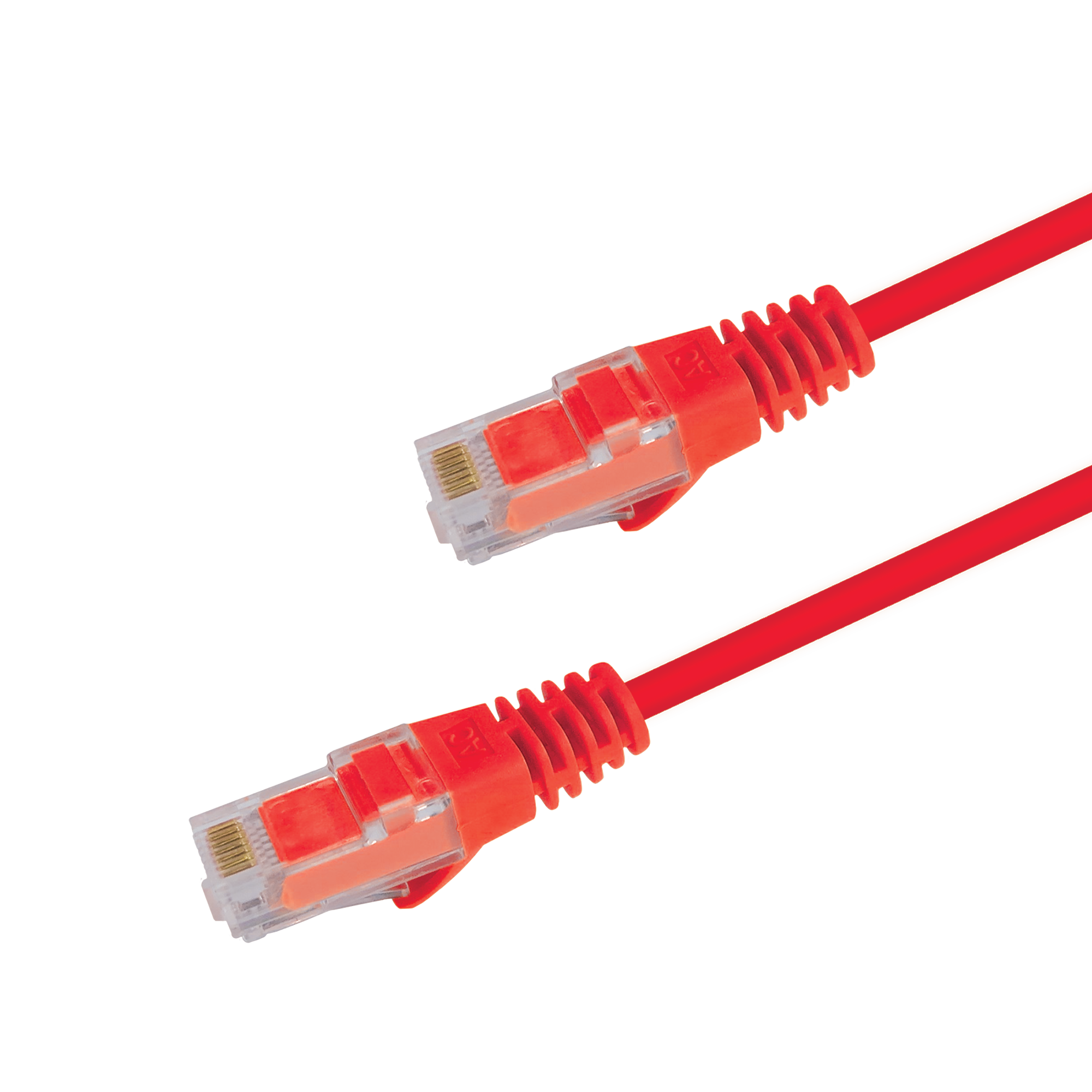 Underside view of the RJ45 connector on a 0.5m Red slim Cat6 cable, showing the flexible, protected locking tab.