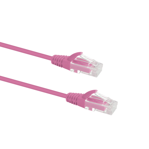 Profile view of the snagless boot on a 2m Pink Datamaster slim Cat6 patch cable, highlighting its ultra-thin design.
