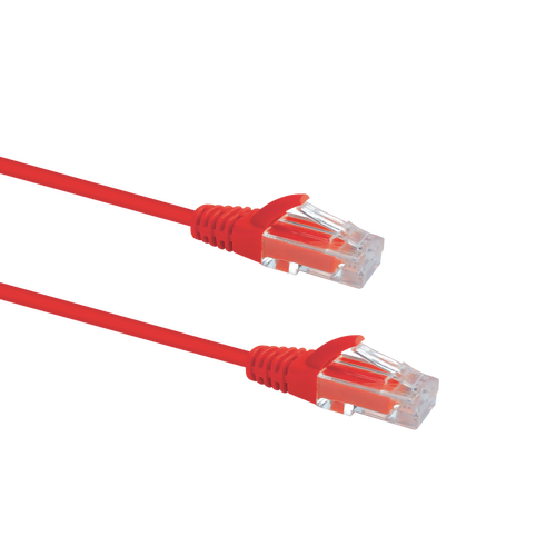 Profile view of the snagless boot on a 2m Red Datamaster slim Cat6 patch cable, highlighting its ultra-thin design.