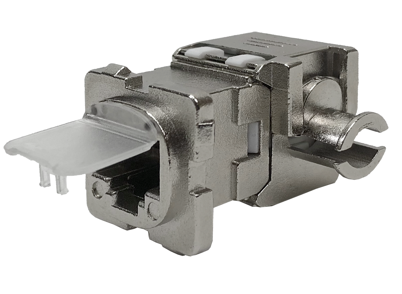 A side view of the shielded Cat6a keystone jack in its open position, showing the full view of jack.