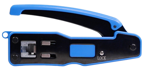 A front view of the Quick-Term crimp tool in its closed, locked position.