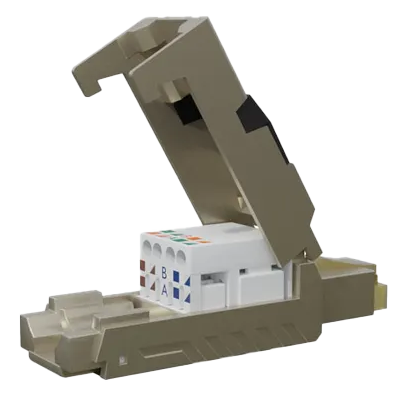 An open view of the tool-less plug, showing the internal colour-coded wiring block and termination points.