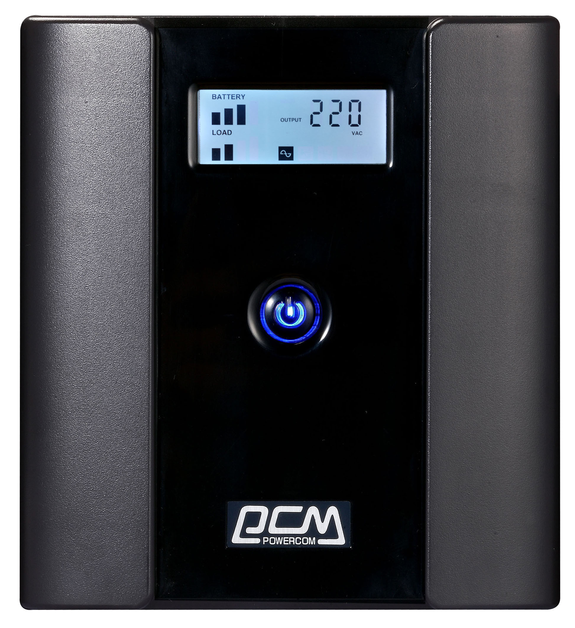 A clear front view of the Raptor 1025VA UPS with its easy-to-read LCD screen.