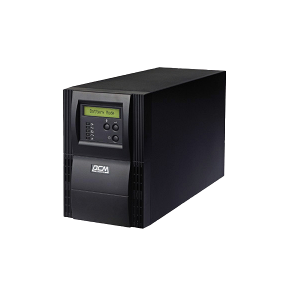 Front view of the Vanguard II VGS-1500 On-Line Tower UPS, showing its professional black finish and front panel LCD screen.