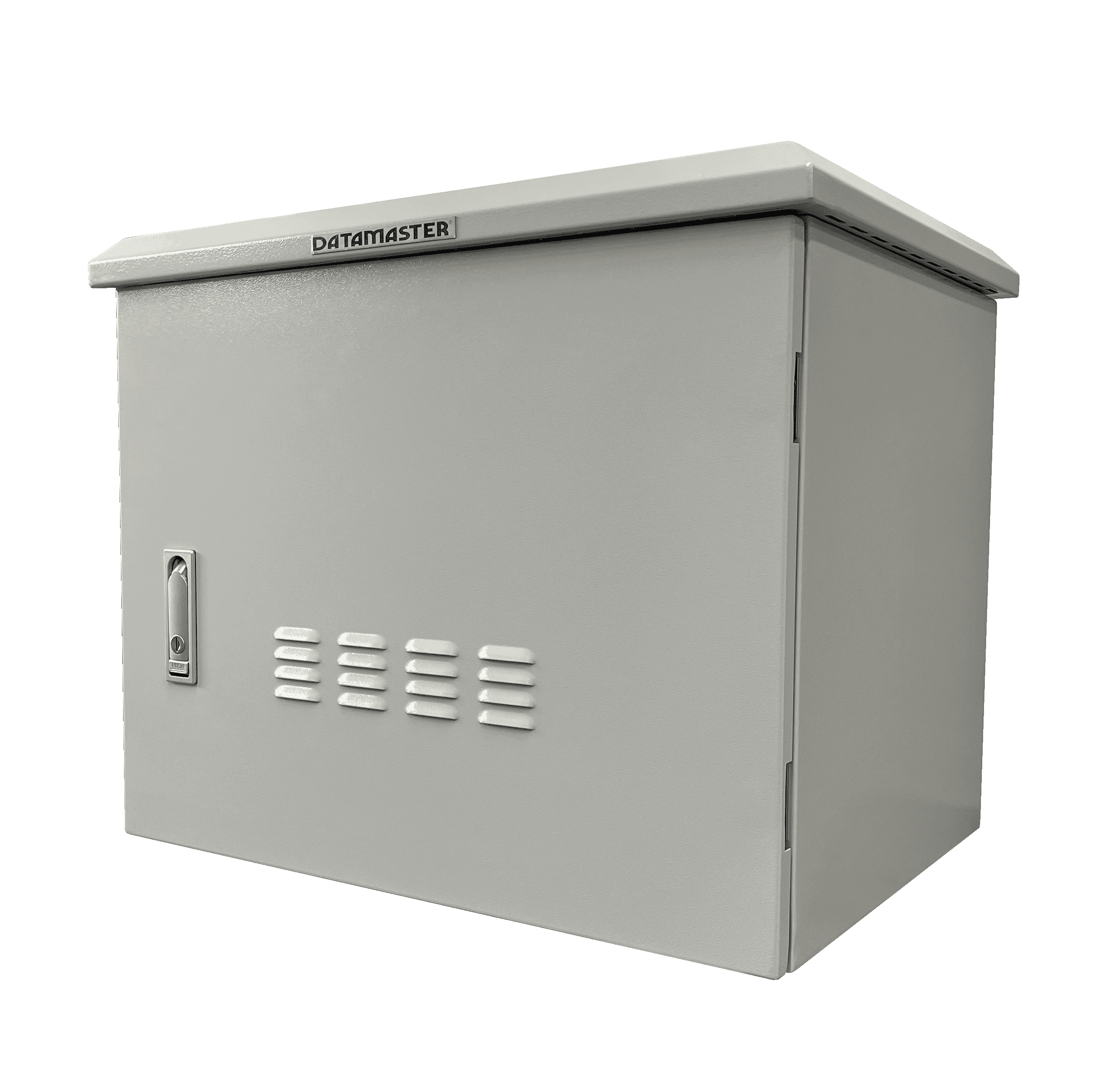 Side profile of the grey, weatherproof 6RU outdoor IP55 cabinet.