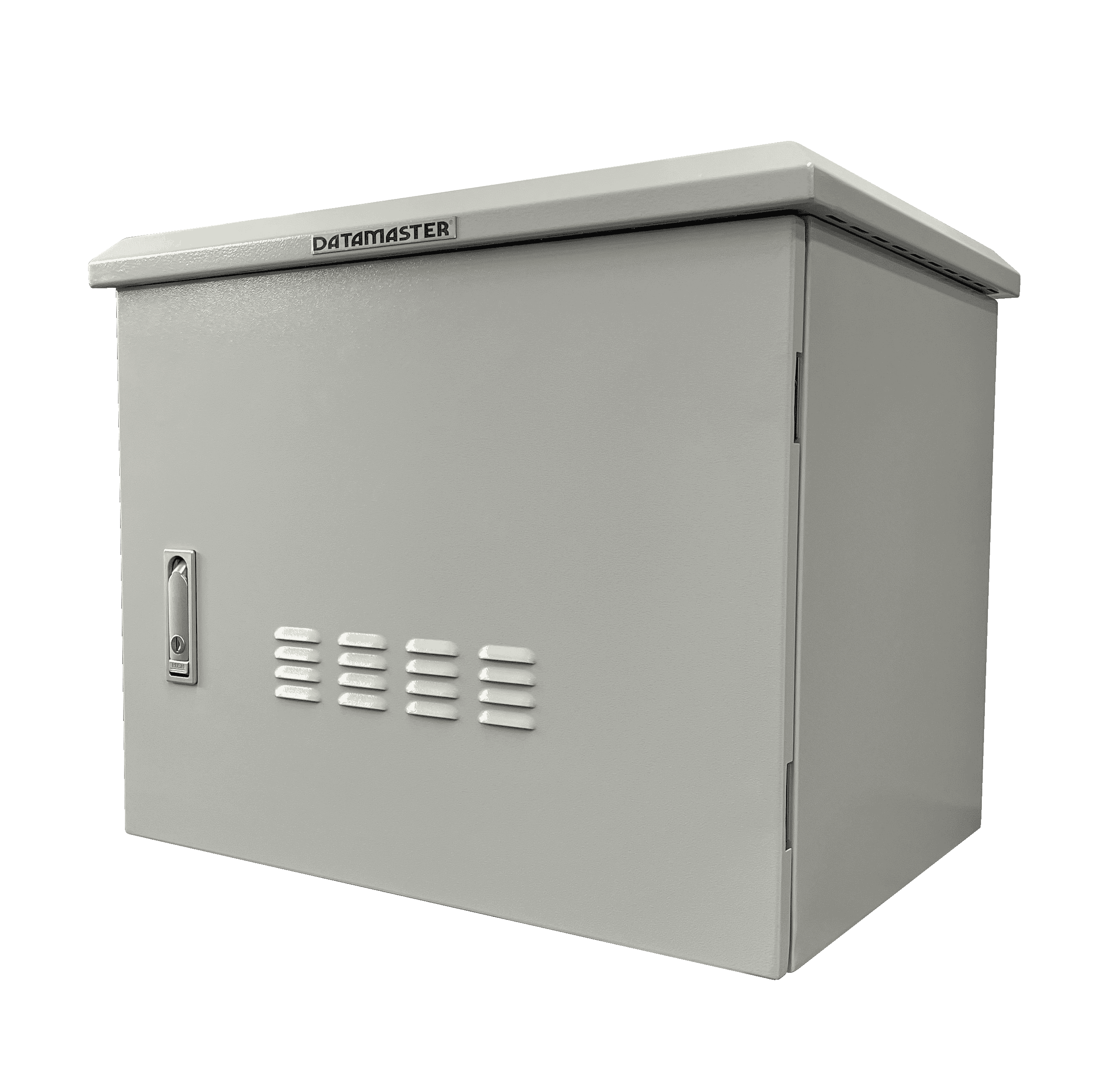 Side-on view of the 12RU outdoor IP55 wall mount data cabinet.