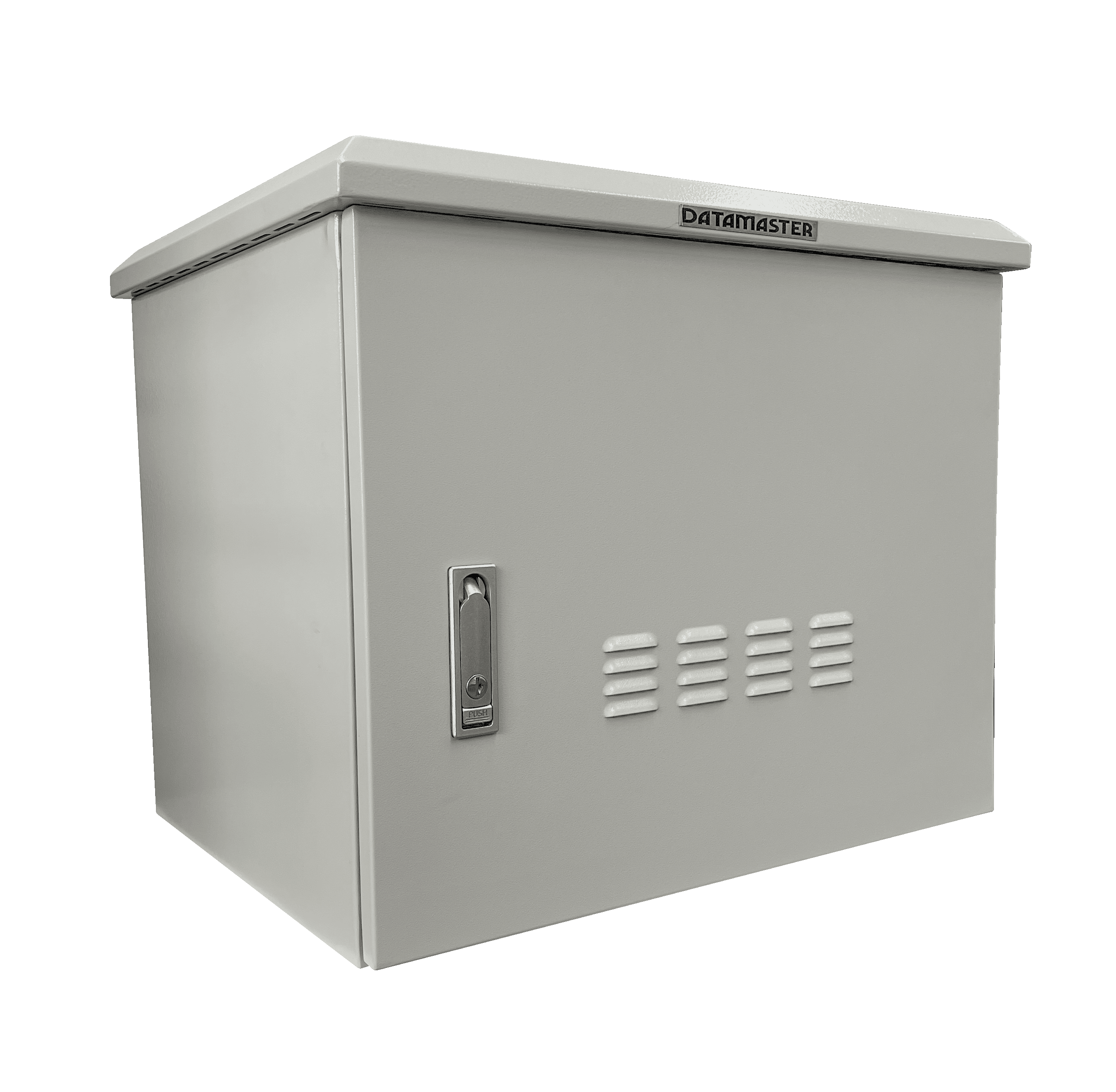 Side-on view of the 18RU outdoor IP55 wall mount data cabinet.