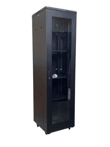 Angled view of the 45RU 800mm deep server cabinet with doors closed.