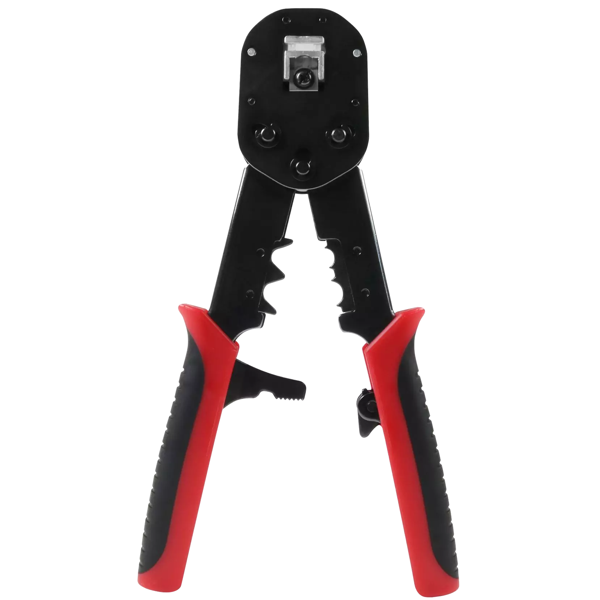 A front view of the universal crimp tool in its open position.