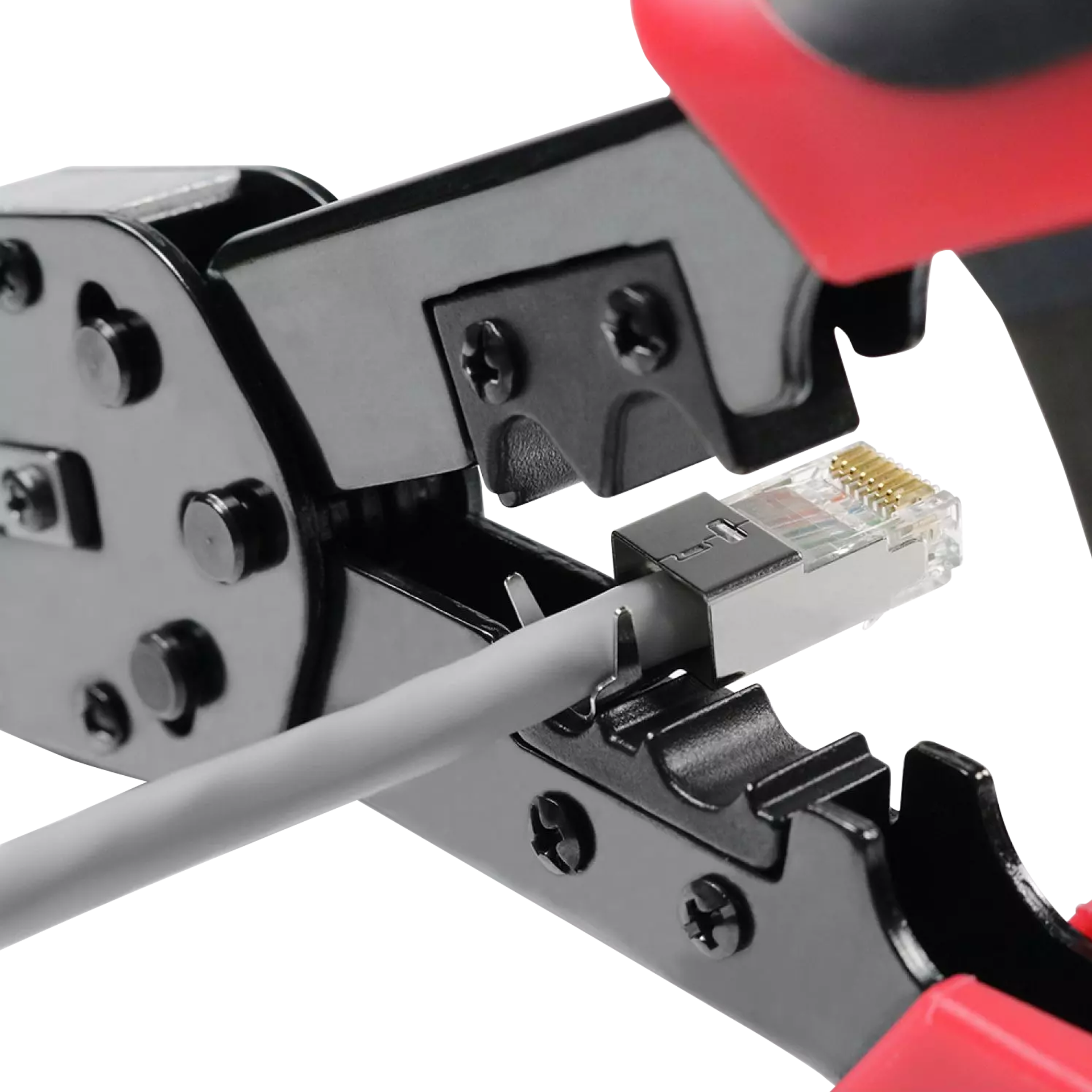 A side view of the tool being used to crimp a grey Ethernet cable.