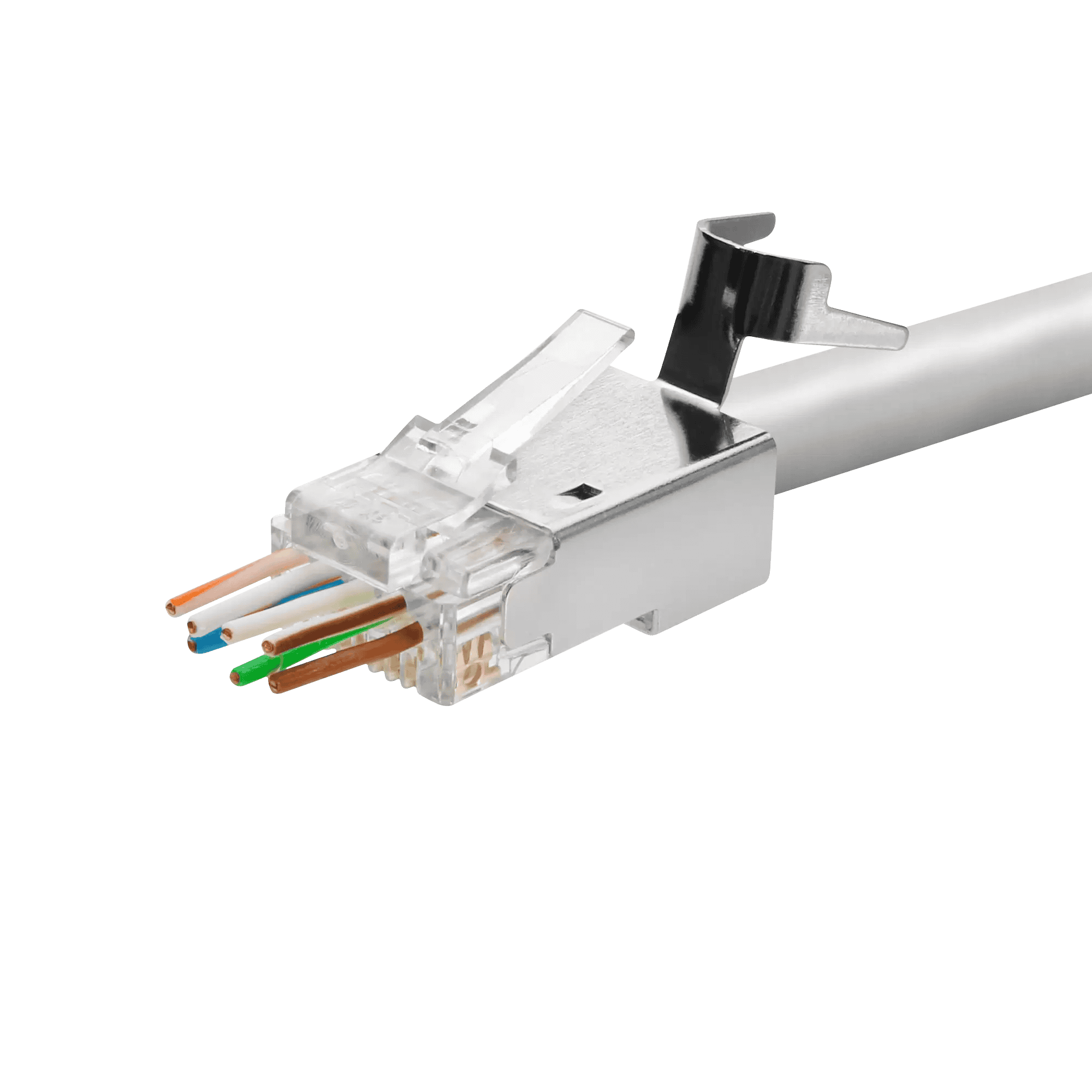 An image showing the Quick-Term Cat6a plug with a cable's wires passing through the load bar for easy verification.