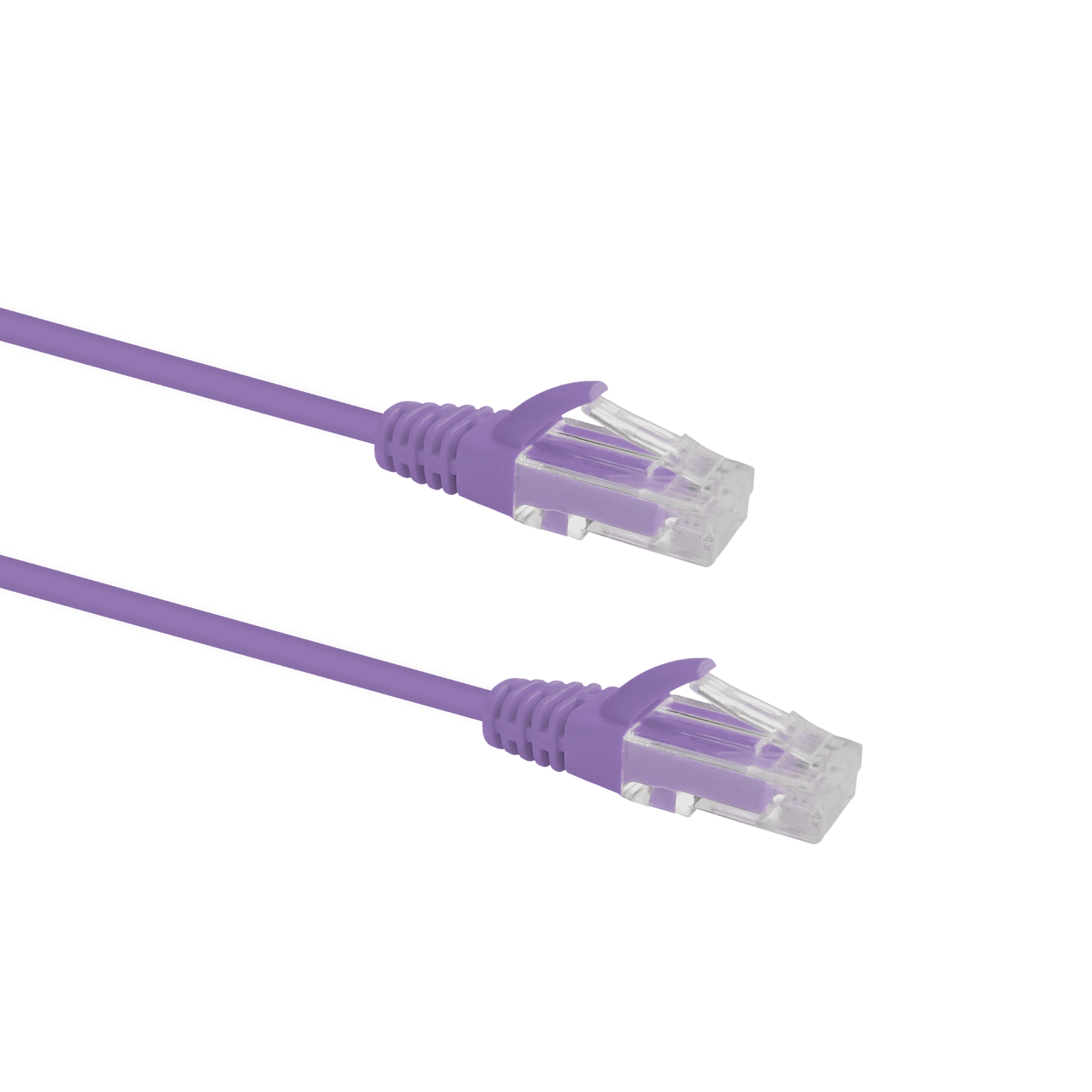 Profile view of the snagless boot on a 1.5m Purple Datamaster slim Cat6 patch cable, highlighting its ultra-thin design.