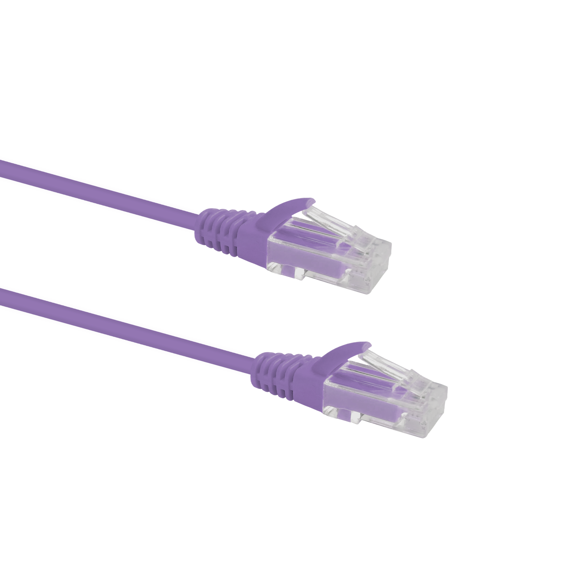 Profile view of the snagless boot on a 2m Purple Datamaster slim Cat6 patch cable, highlighting its ultra-thin design.