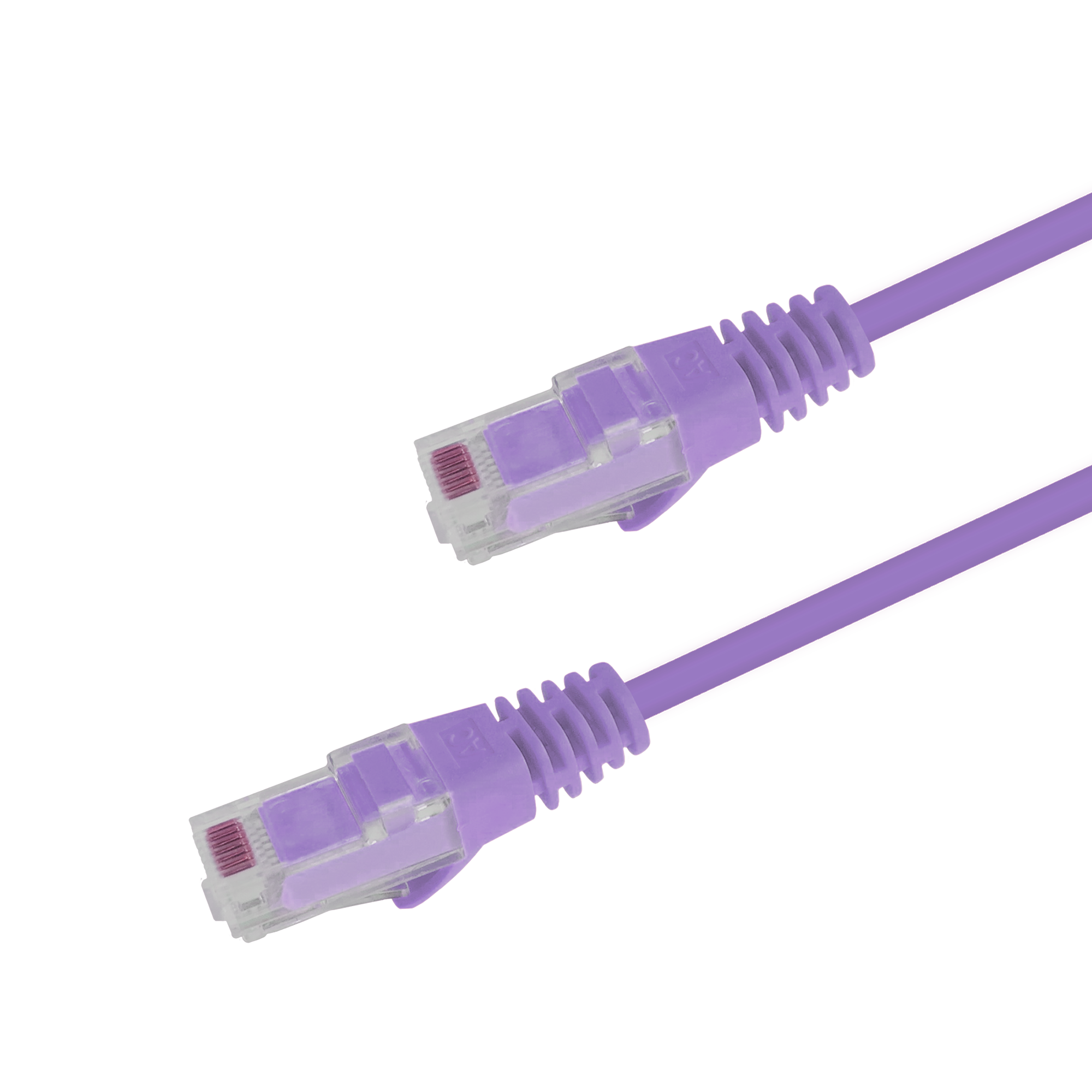 Underside view of the RJ45 connector on a 3m Purple slim Cat6 cable, showing the flexible, protected locking tab.