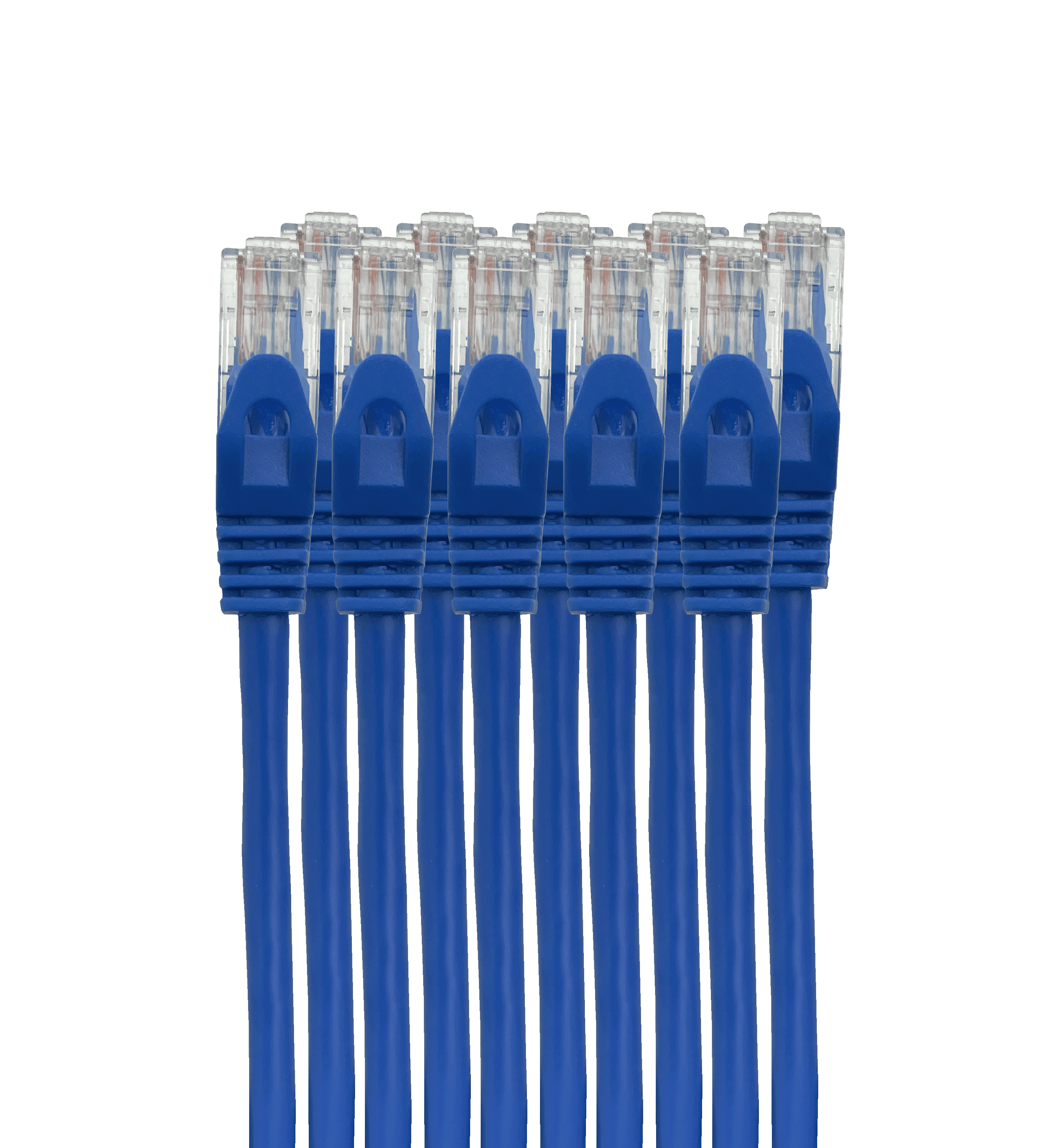 A 10-pack of 3m blue Datamaster Cat6 patch cables neatly bundled together, showing the RJ45 ends.