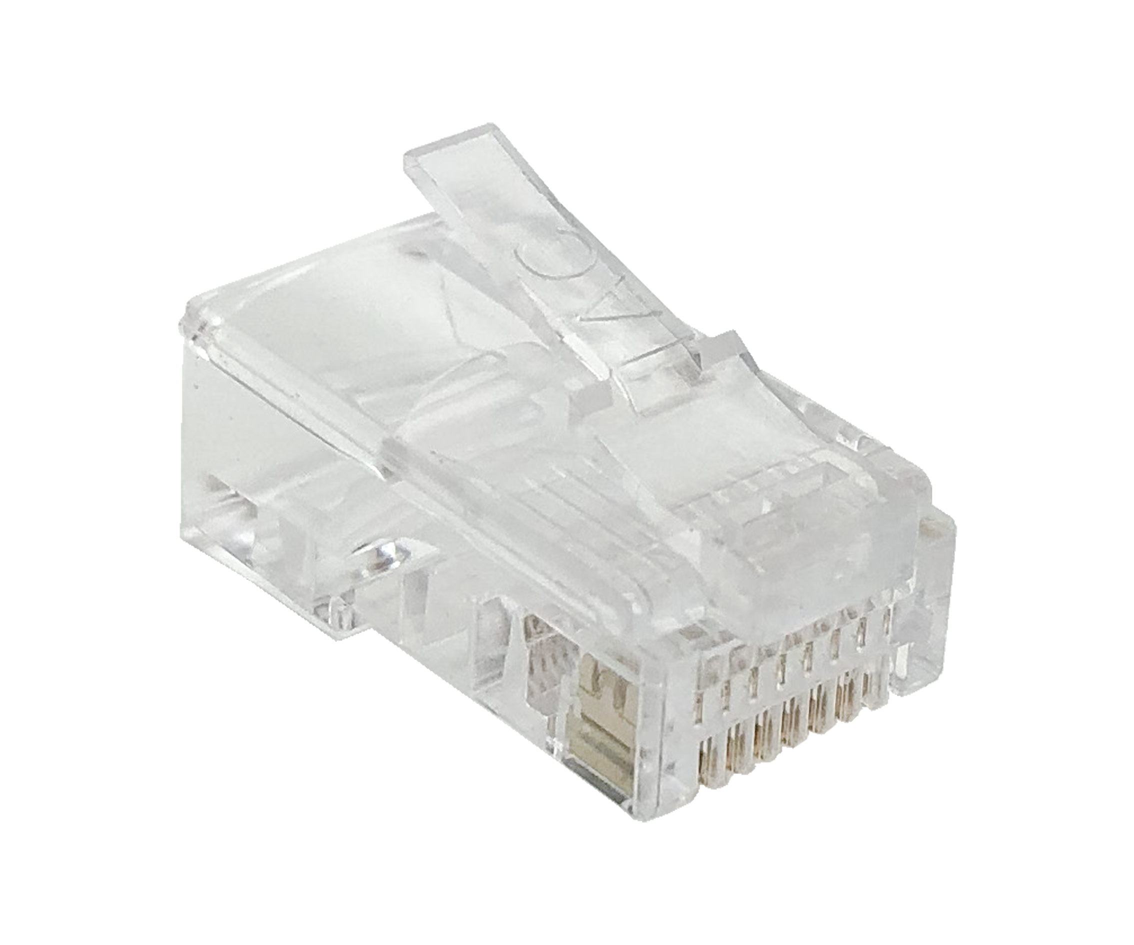 A detailed side profile of a single transparent 8P8C RJ45 modular plug.
