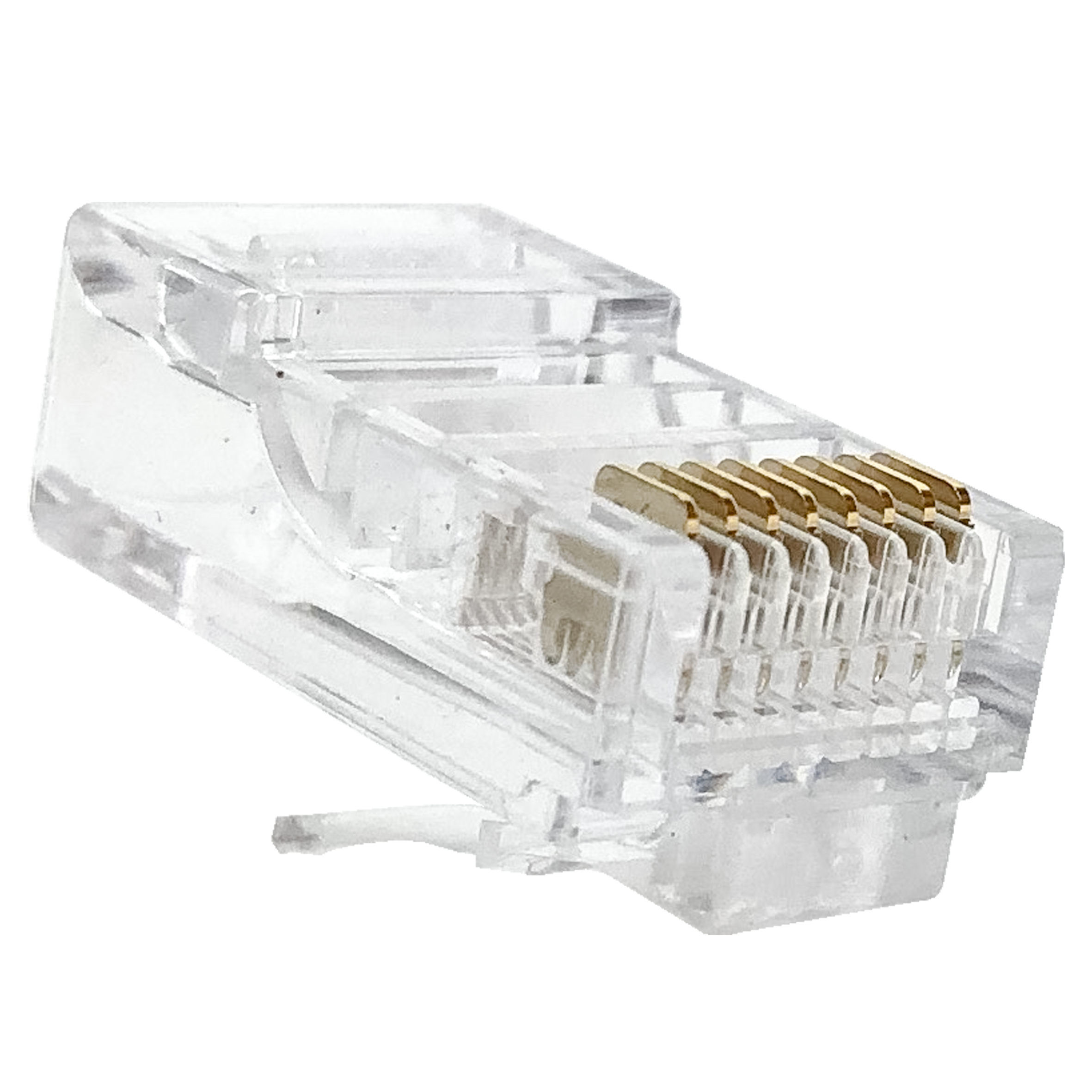 A close-up view of the underside of an 8P8C RJ45 plug, highlighting the 50µm gold-plated contacts.