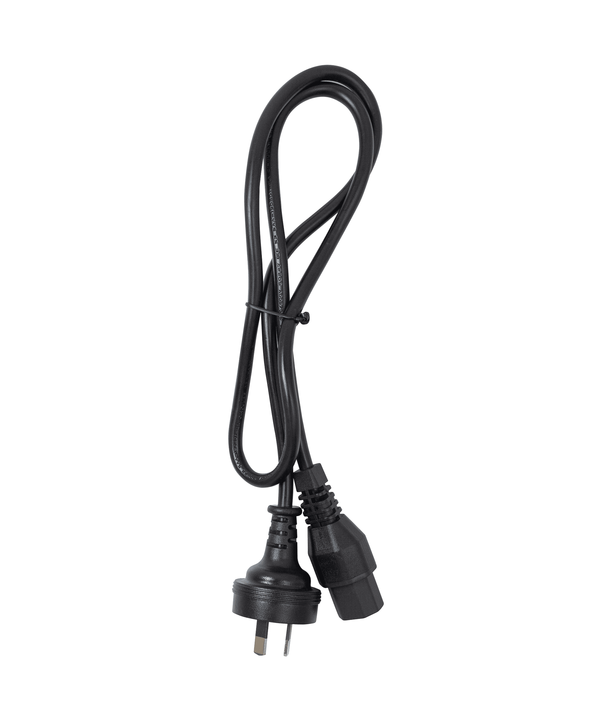 Top view of the complete black locking IEC C13 to mains power cord