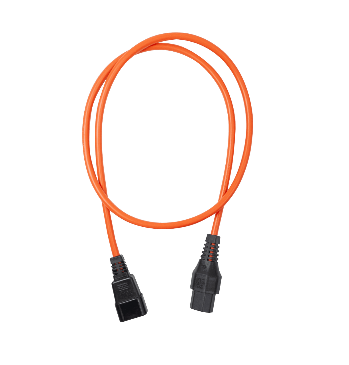 Top view of the short 0.5m orange locking IEC C13 to C14 power cord