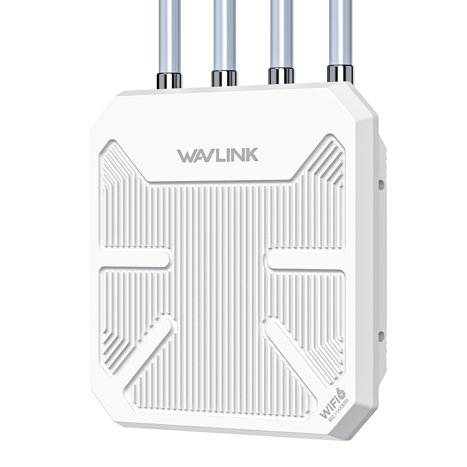 Front view of the AX3000 WiFi 6 outdoor access point with four fiberglass omnidirectional antennas
