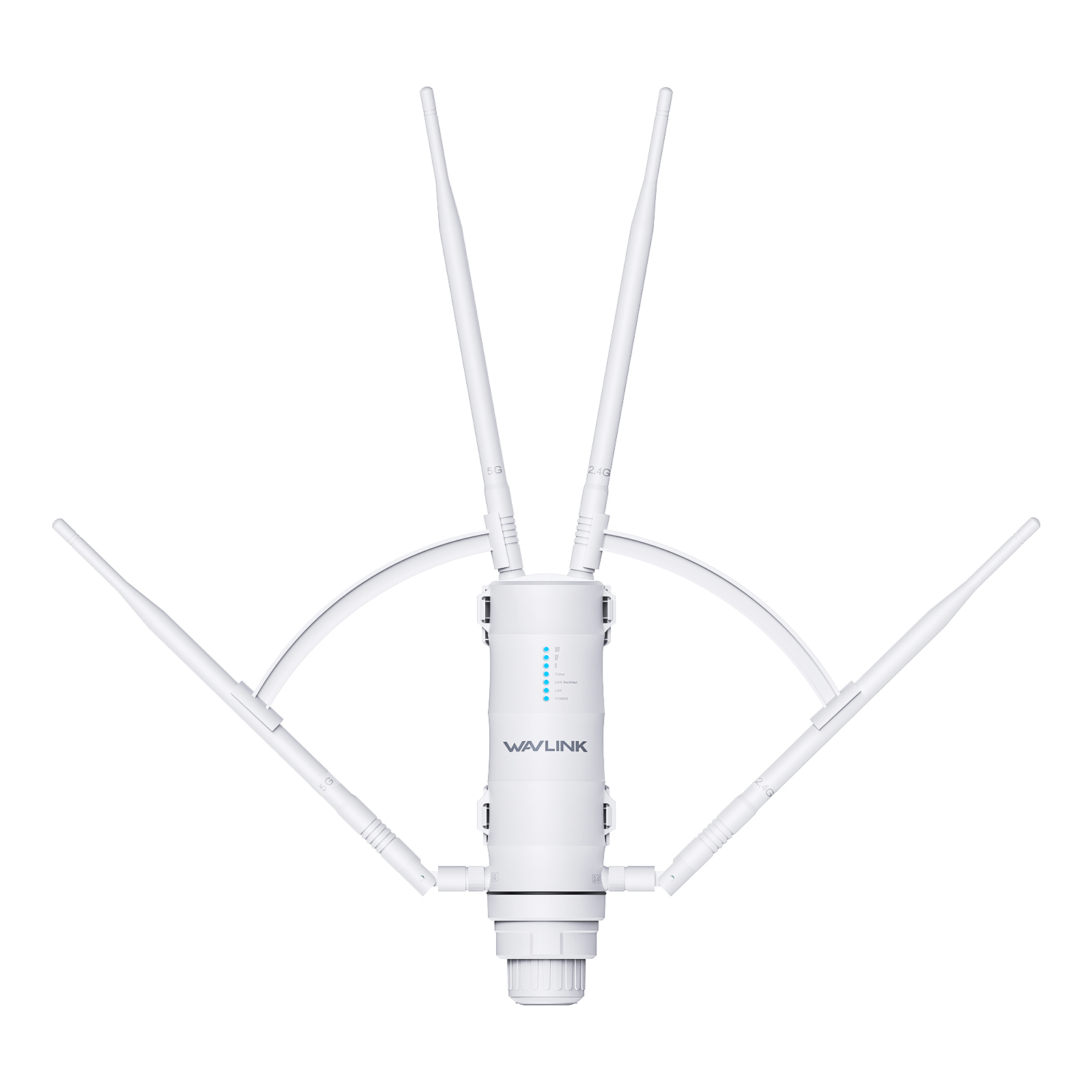 Front view of the AC1200 WiFi 5 outdoor access point with four detachable omnidirectional antennas