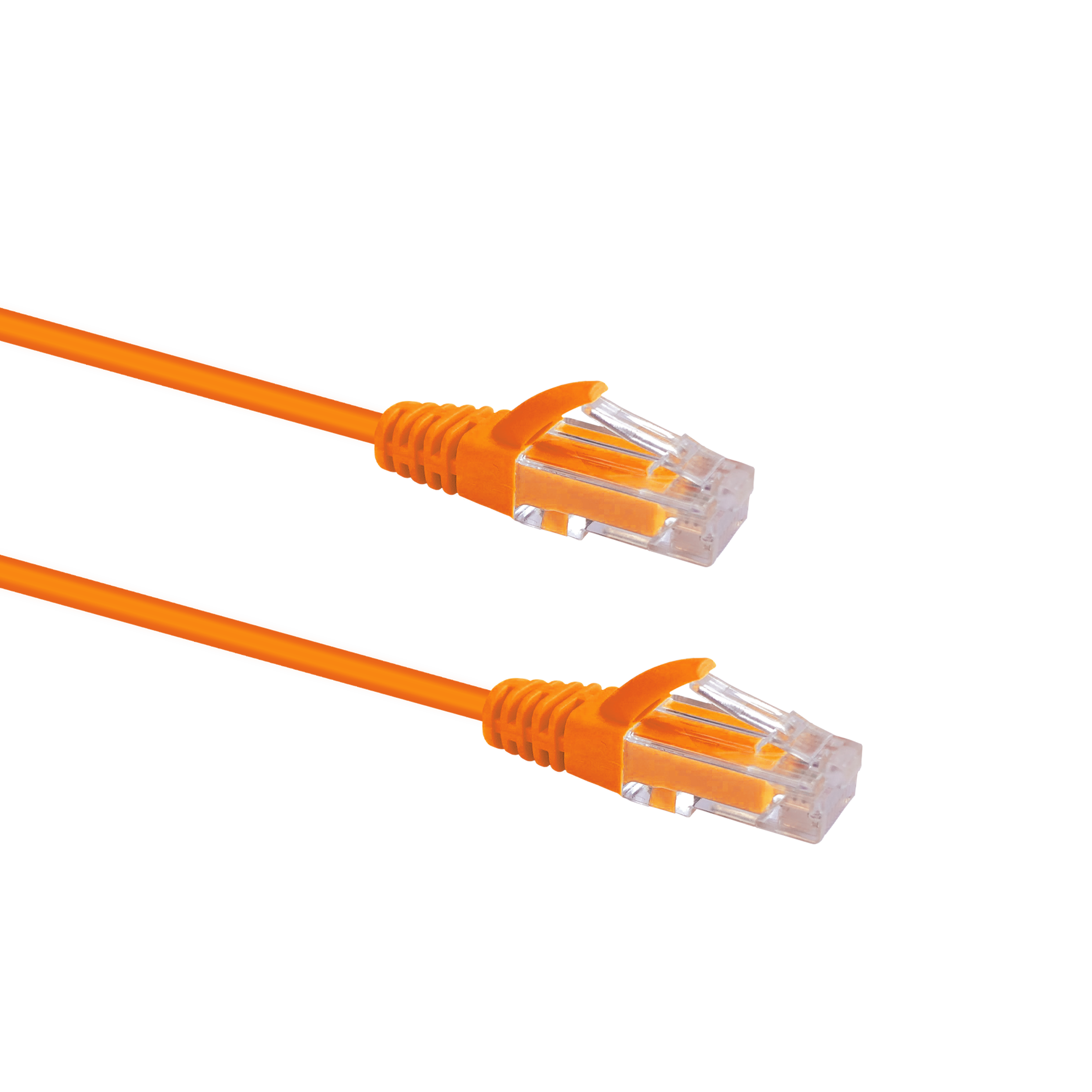 Profile view of the snagless boot on a 0.25m Orange Datamaster slim Cat6 patch cable, highlighting its ultra-thin design.