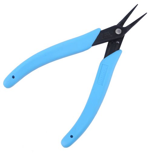 Front view of the HT485 showing thin profile long nose pliers with smooth jaw and blue ergonomic handles