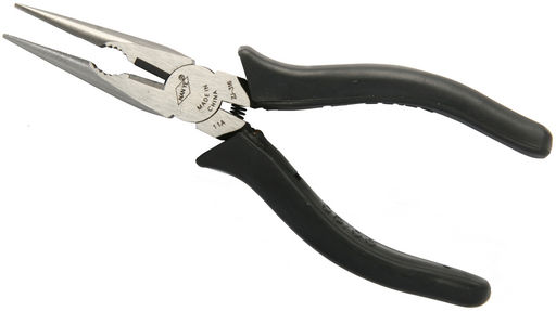 Front view of the ZJ-316 showing 150mm long nose telephone type pliers with serrated jaw and black PVC comfort grip handles