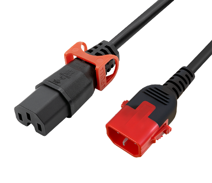 Side angle view of 2m black locking IEC C14 to C15 power cord with dual red locking connectors