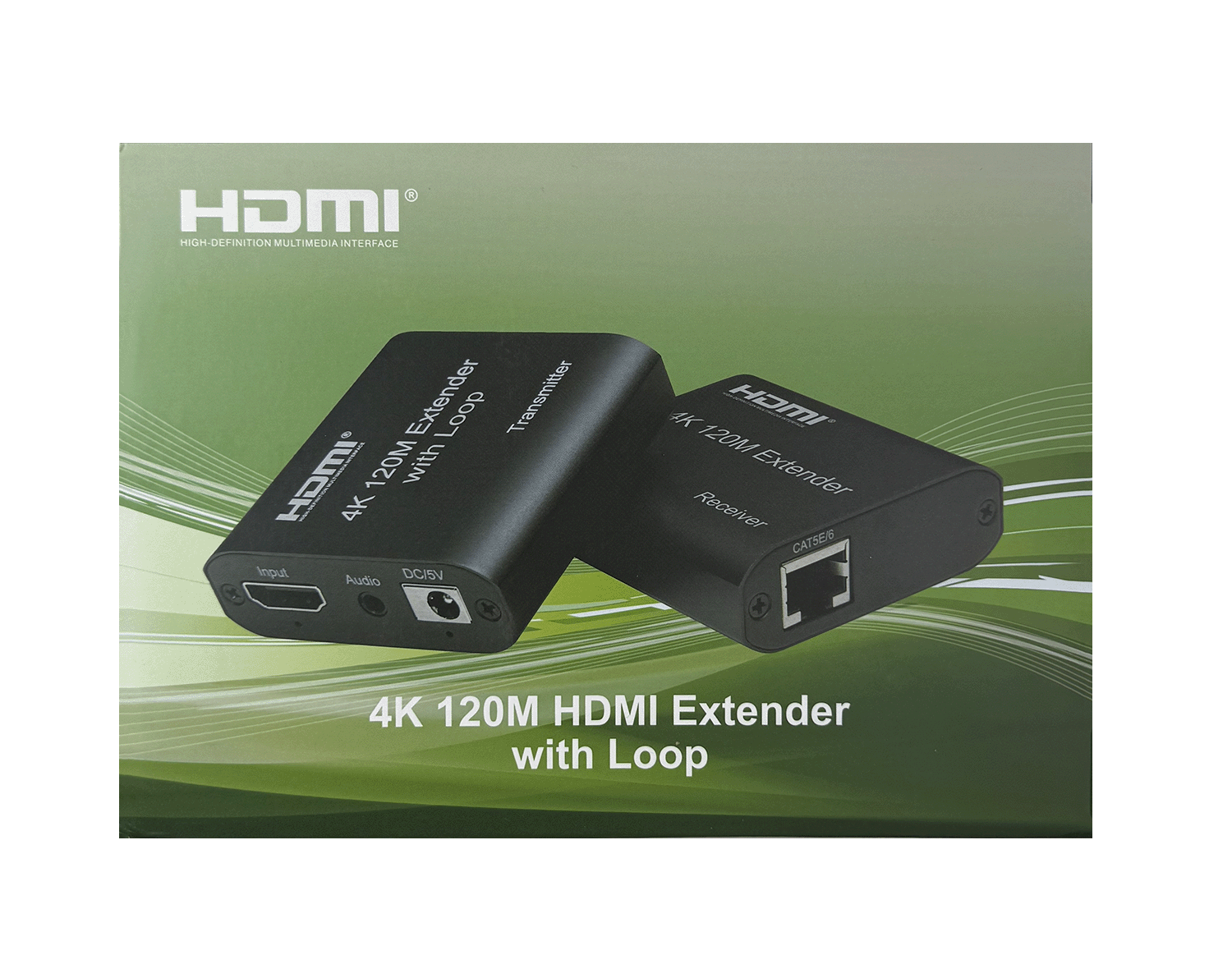 Front view of retail packaging for a 4K HDMI extender with loop, showing transmitter and receiver units.