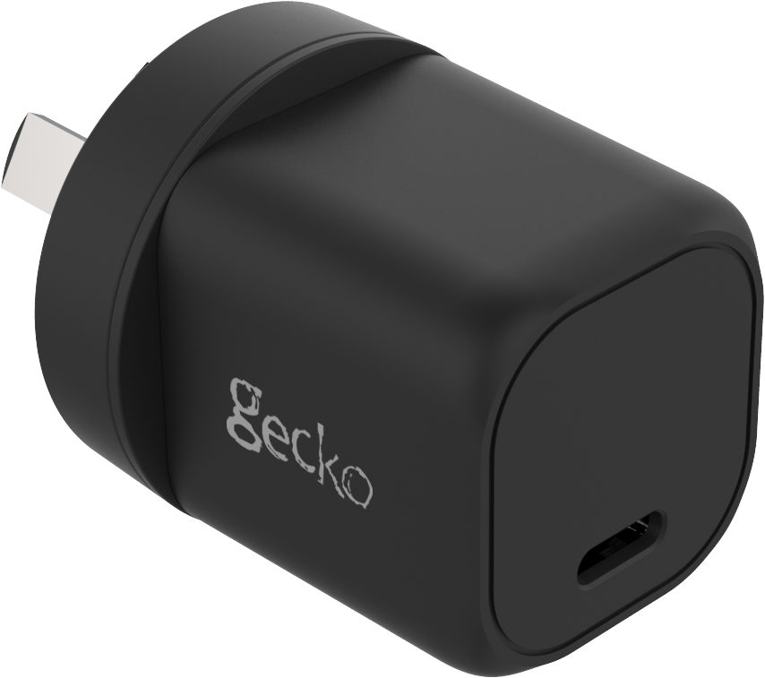 Left angle view of the black 20W GaN single USB-C wall charger, showing the USB-C charging port.