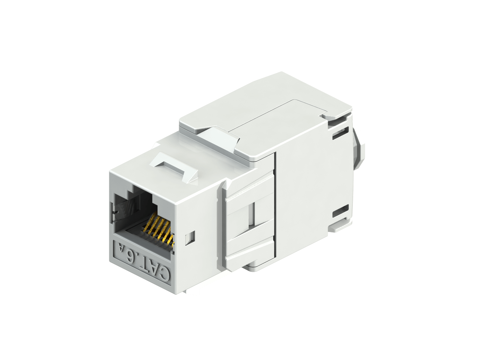 Side angle view of a white Cat6a keystone jack showing gold-plated RJ45 contacts and rear cable entry