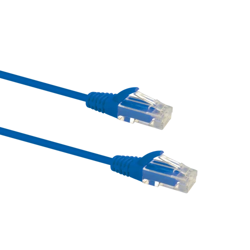 Profile view of the snagless boot on a 3m Blue Datamaster slim Cat6 patch cable, highlighting its ultra-thin design.