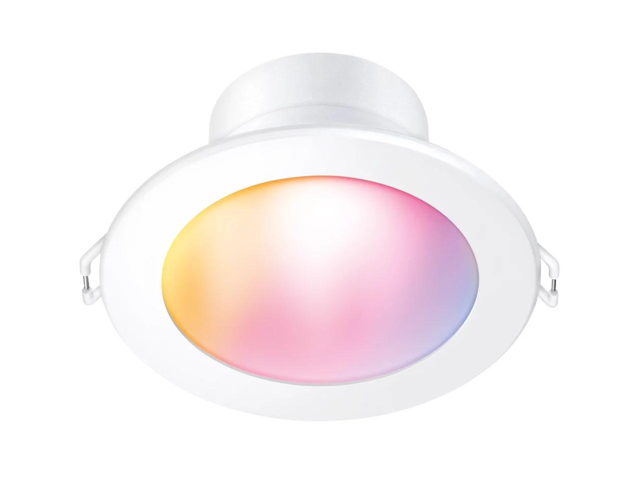WiZ Colour and Tunable White 90mm downlight, front view showing pink to gold light gradient