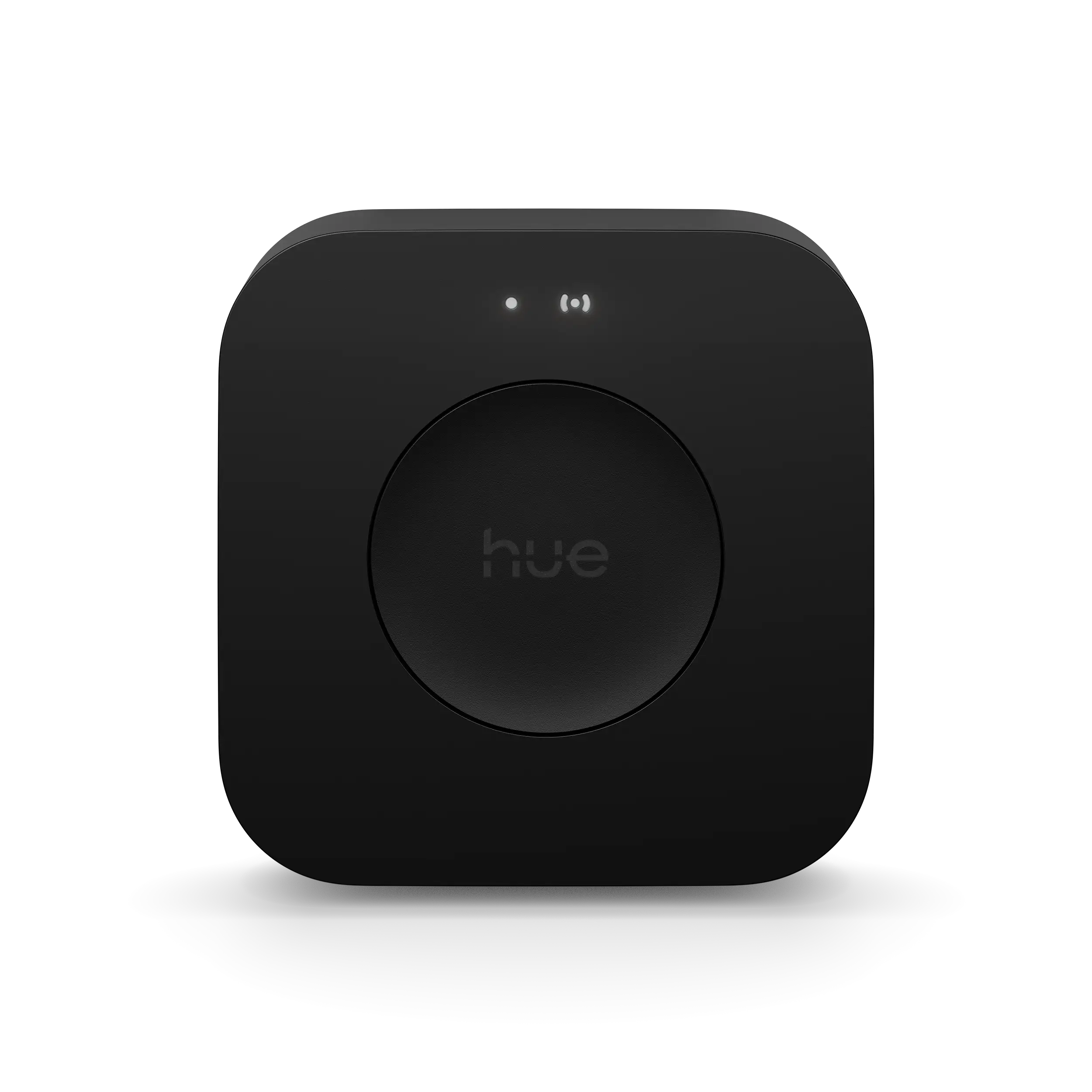 Philips Hue Bridge Pro, sleek black smart hub with glowing status icons