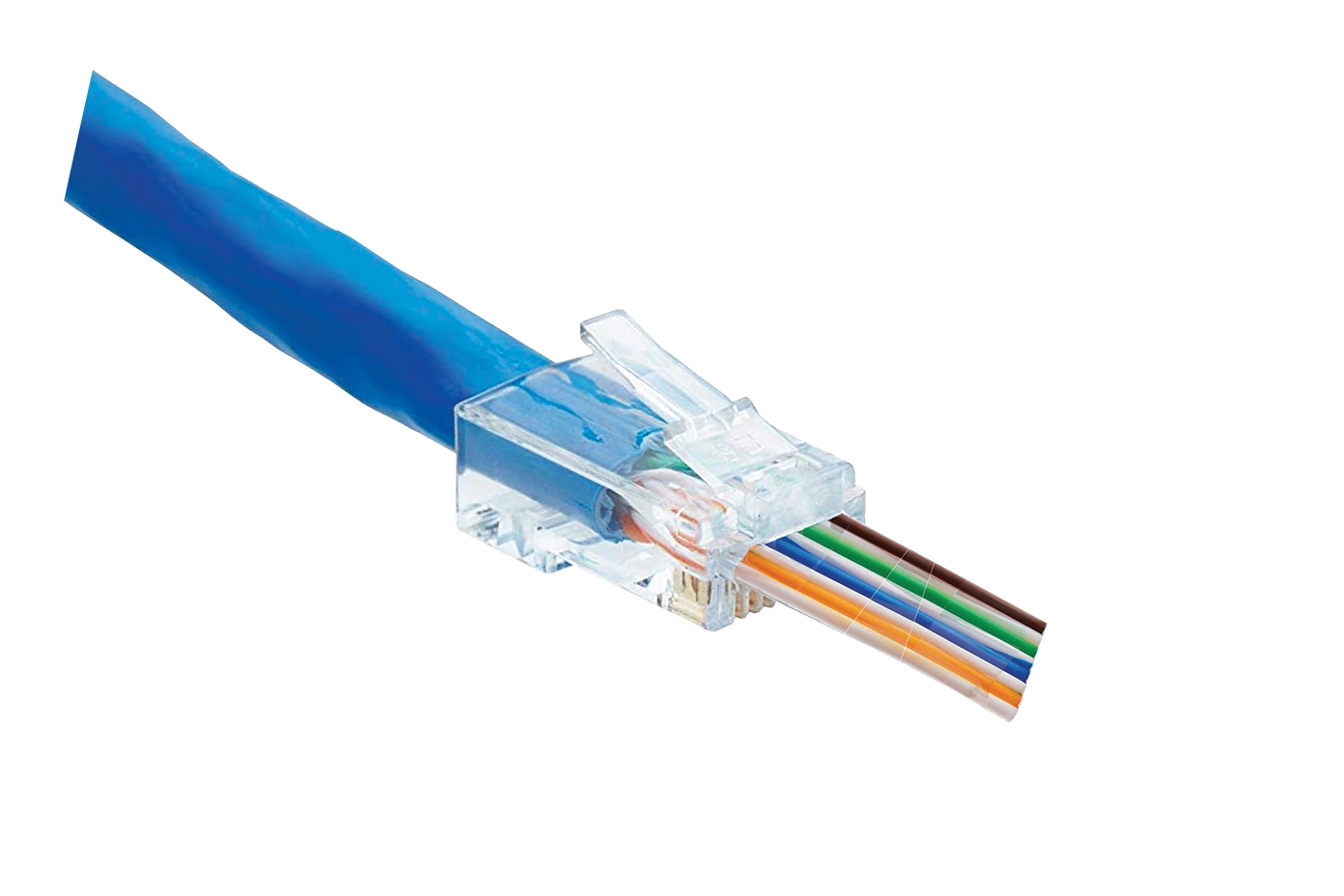 An image demonstrating the pass-through design, with the individual Ethernet cable wires extending through the front of the RJ45 plug.