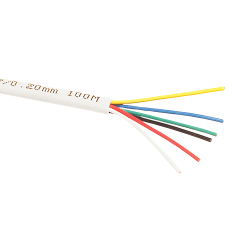 Close-up of the white 6-core security cable, showing the six internal stranded copper conductors