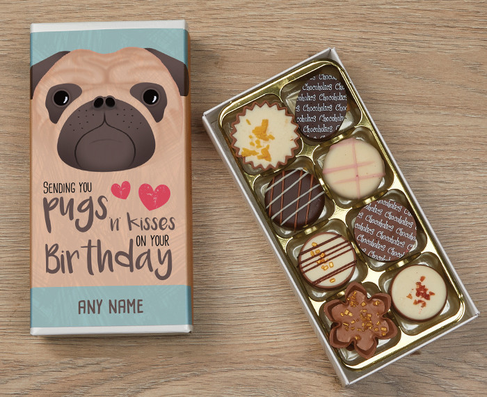 Happy Birthday Pug Chocolate Box with Cusomised Name Wrapper 5709