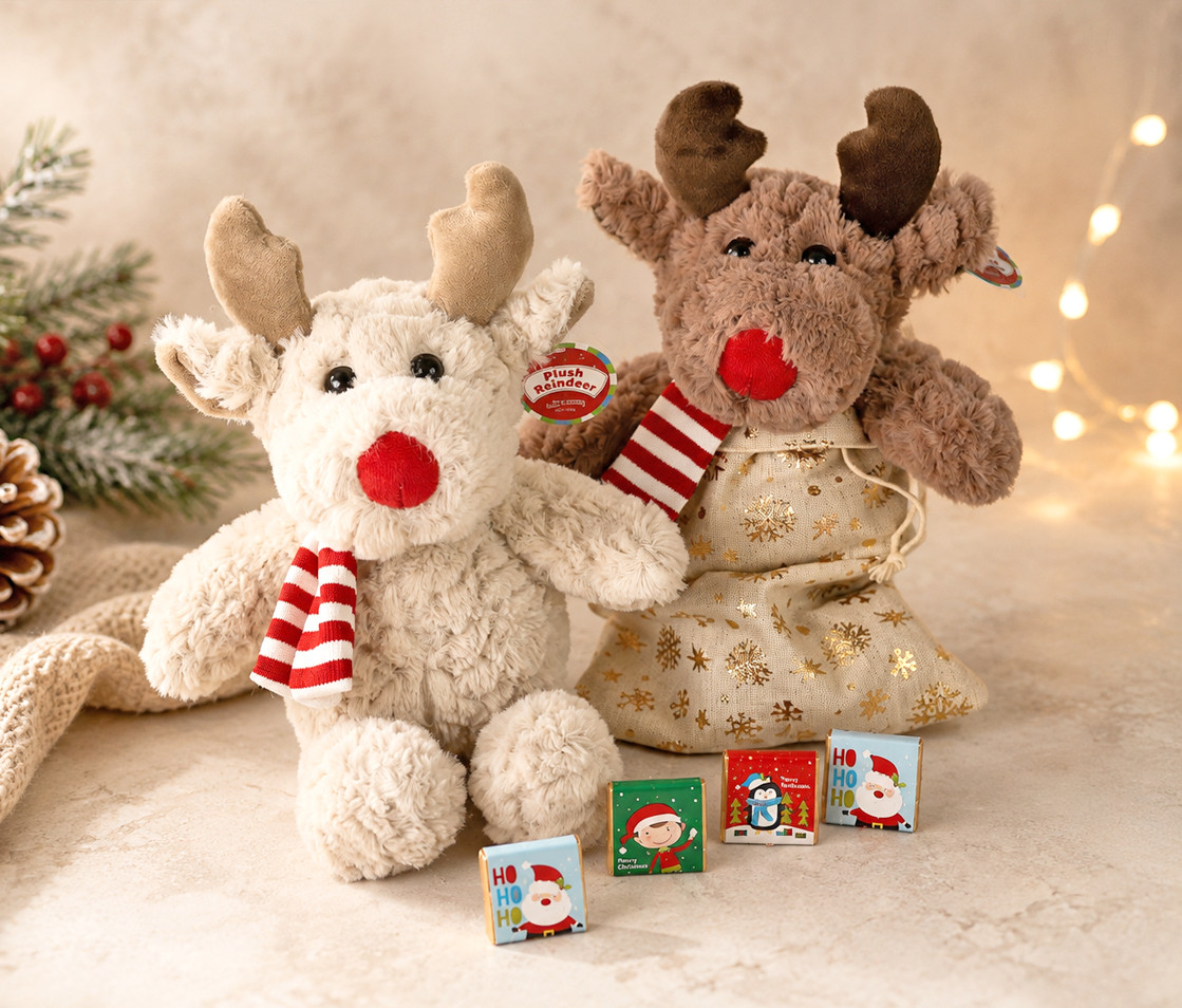 8201 Large Reindeer Cuddly in Hessian Sack Filled With Chocolate