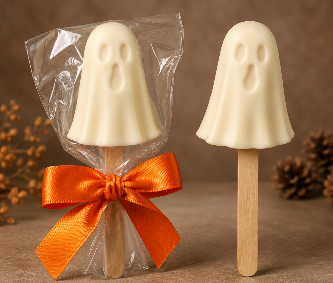 1054 Spooky White Chocolate Ghost Lolly. It's spookily good!