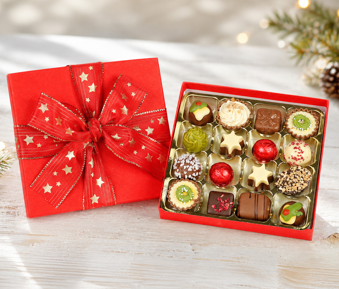 3958 Red Glitter Festive Chocolate Box with 16 Luxury Chocolates