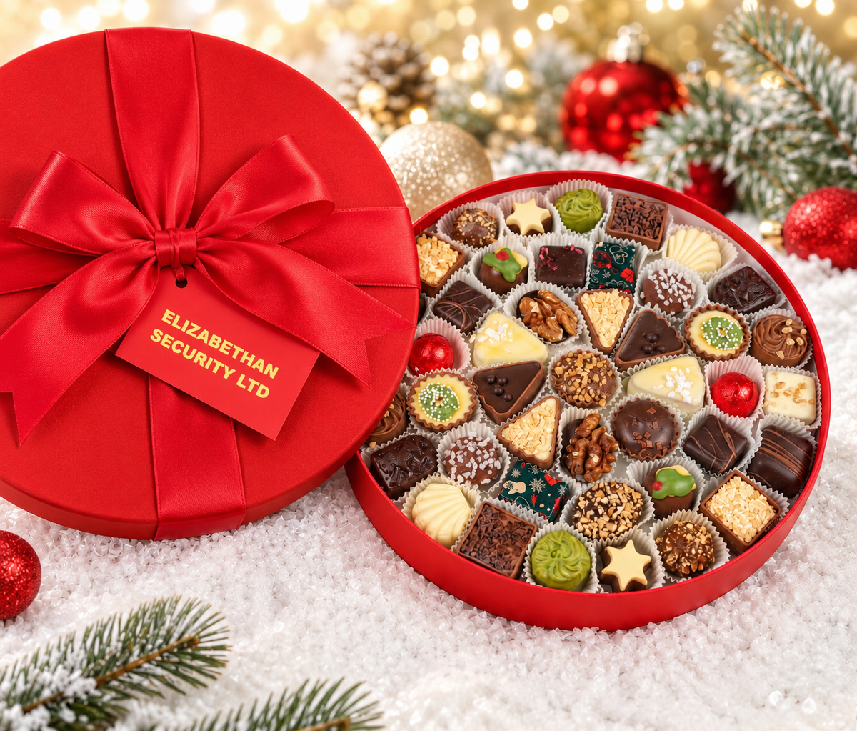 Corporate Gift Box with 44 Luxury Chocolates & Branded Gift Tag in Round Box
